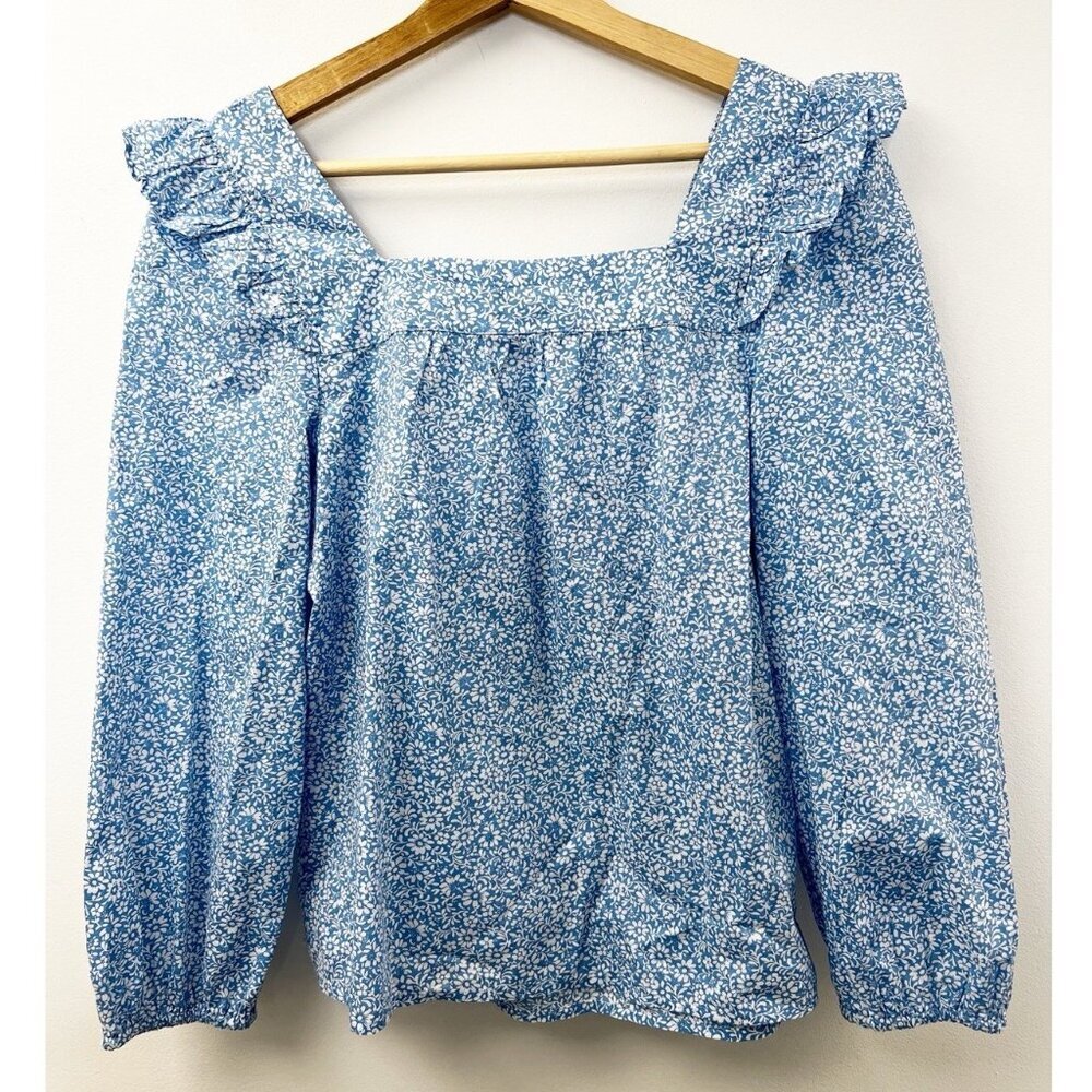 J.Crew Blue Cotton Floral Squareneck Ruffle Top peasant Cottage Core Cottagecore - Picture 5 of 12
